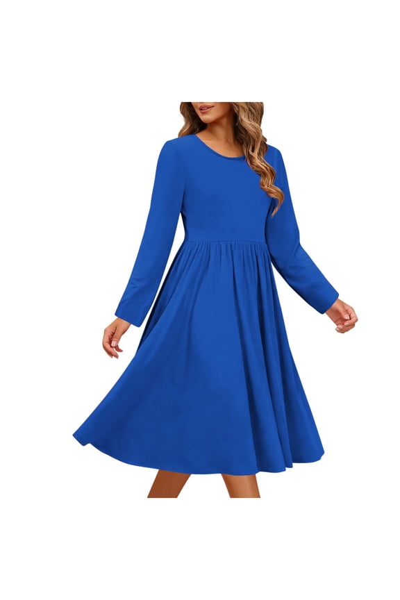 Women's Casual Long Sleeve Solid Color Pocket Round Neck Loose Fit Dress Polyester Spandex Brushed Knit Fabric Plus Size S - 2XL Everyday Comfortable Outfit