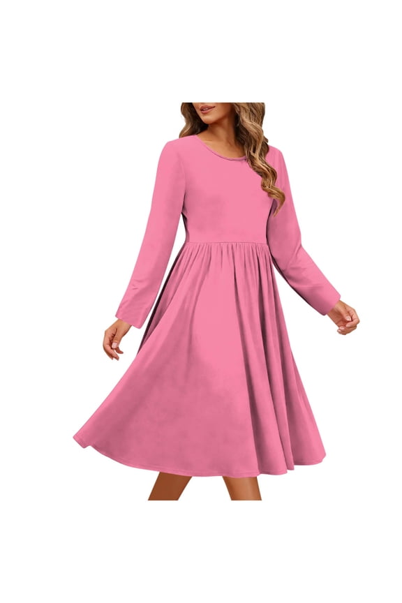 Women's Casual Long Sleeve Solid Color Pocket Round Neck Loose Fit Dress Polyester Spandex Brushed Knit Fabric Plus Size S - 2XL Everyday Comfortable Outfit
