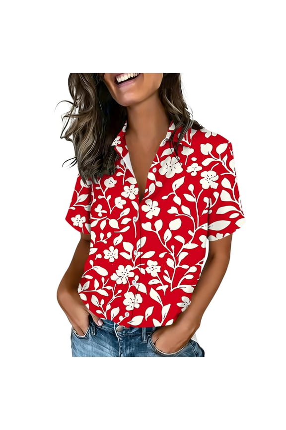 Women's Casual Loose Fit Leaf Print Shirt, Short Sleeve Button Down Blouse, Soft Stretchy Everyday Top with Botanical Design, Sizes S-2XL