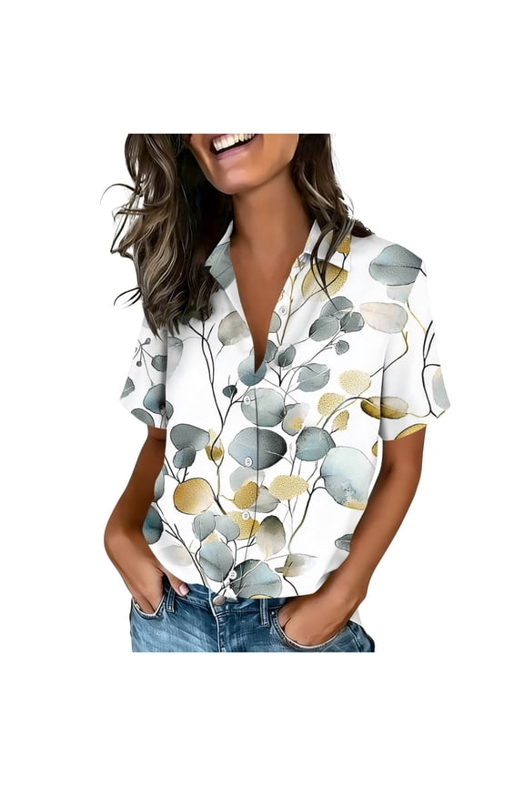 Women's Casual Loose Fit Leaf Print Shirt, Short Sleeve Button Down Blouse, Soft Stretchy Everyday Top with Botanical Design, Sizes S-2XL