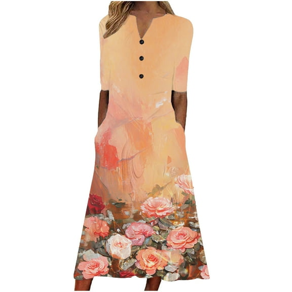 Tnhcen Women's Casual Loose Fit Short Sleeve V - Neck Printed Mid - Calf Length Dress Plus Size 4 - Way Stretch for Daily Wear, S - 3XL