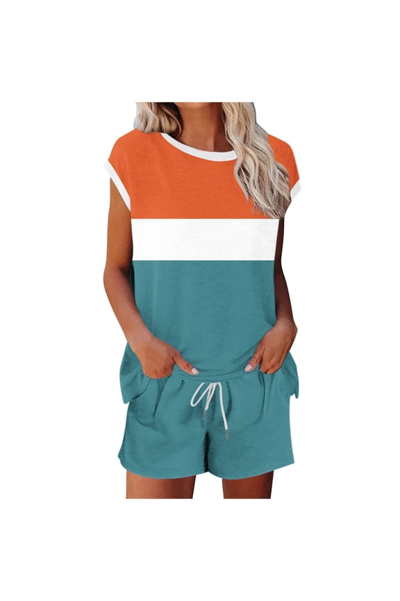 Women's Casual Loose Fit Striped Print Short Set Drawstring Shorts Tunic Top Summer Beach Vacation Outfit for Women Plus Size S - 2XL