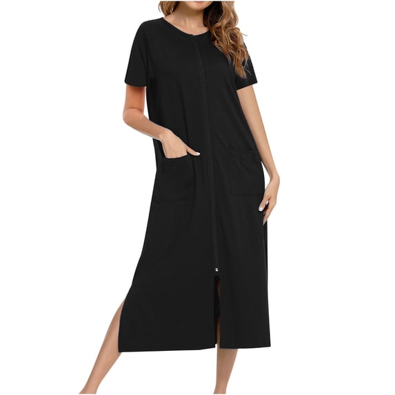 Tnhcen Women's Casual Loose-Fit Zipper Short Sleeve Pajama Dress with Pockets | Polyester Spandex Loungewear | S-2XL