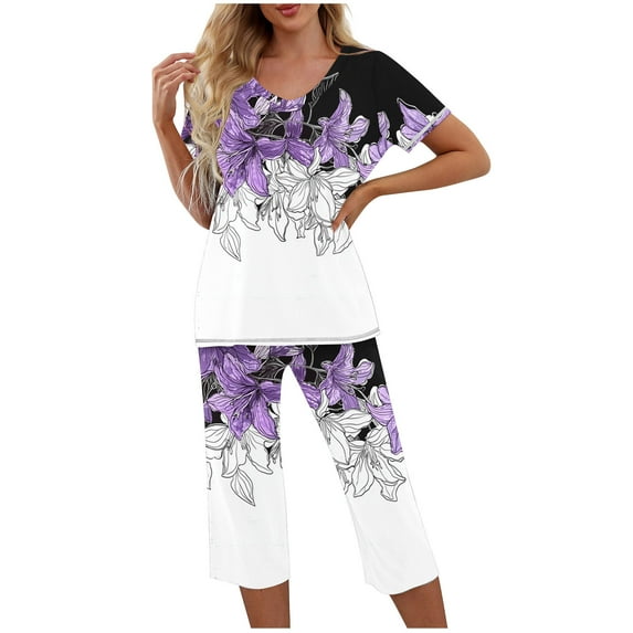 Tnhcen Women's Casual Loose Sleepwear Set - V-Neck Print Short Sleeve Top + Elastic Waist Capri Pants with Side Pockets | S-2XL | Pajamas Set Loungewear