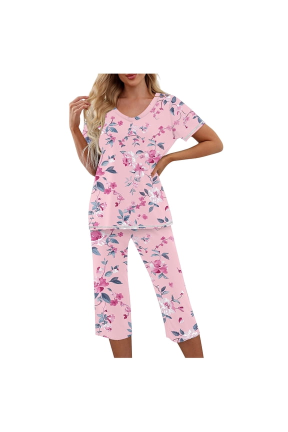 Women's Casual Loose Sleepwear Set - V-Neck Print Short Sleeve Top + Elastic Waist Capri Pants with Side Pockets | S-2XL | Pajamas Set Loungewear