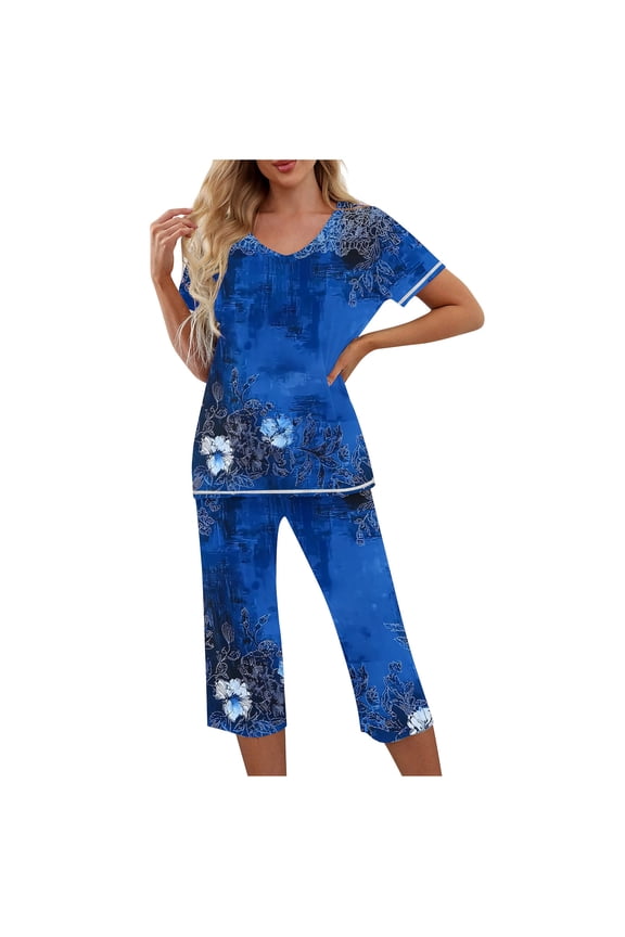 Women's Casual Loose Sleepwear Set - V-Neck Print Short Sleeve Top + Elastic Waist Capri Pants with Side Pockets | S-2XL | Pajamas Set Loungewear