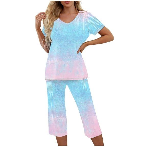 Tnhcen Women's Casual Loose Sleepwear Set - V-Neck Print Short Sleeve Top + Elastic Waist Capri Pants with Side Pockets | S-2XL | Pajamas Set Loungewear