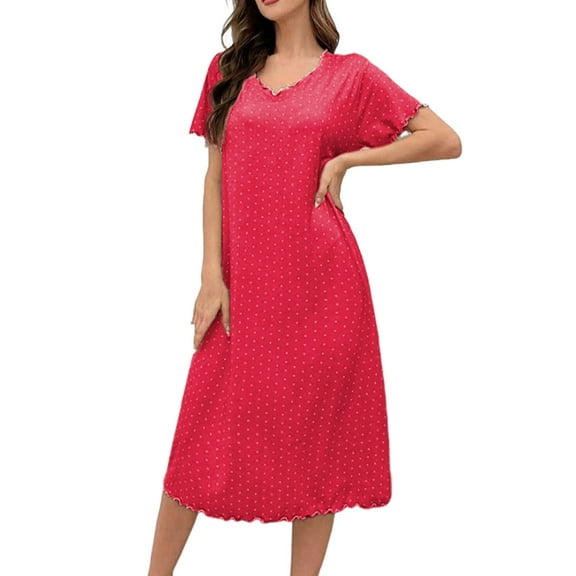 Tnhcen Women's Casual Loose V-Neck Short Sleeve Ruffled Polka Dot Mid-Length Sleepwear Dress | S-XL | Nylon Spandex Loungewear