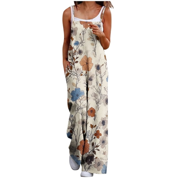 Tnhcen Women's Casual Loose Vintage Floral Print Pocket Dungarees Jumpsuit – Adjustable Straps Soft Fabric S-3XL Sizes for All Body Types