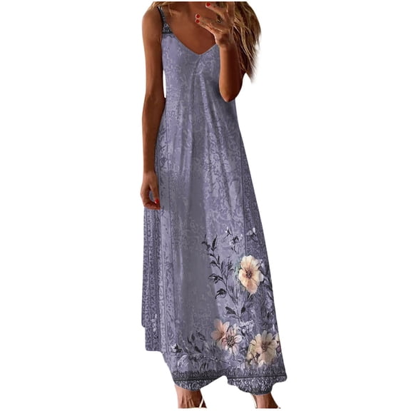 Tnhcen Women's Casual Maxi Dress, V - neck Spaghetti Strap Floral Print Dress, Plus Size Maxi Dress for Women Milk Silk Brushed Fabric Long Dress, Beach Summer Casual Dress S - 3XL