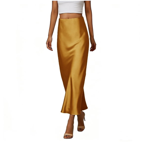 Tnhcen Women's Casual Maxi Skirt 3XL Satin Skirt High Waist Beige Solid Slip Skirt Flowy Design Comfort Fit Plus Size Stretchy Fabric Elegant Women's Skirt for Work Casual Outfits