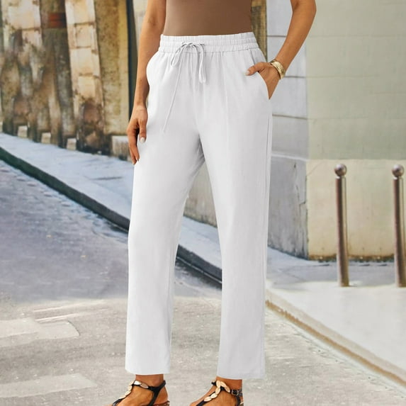 Tnhcen Women's Casual Pants 2025 Linen Blend Drawstring Waist Slim Straight Leg Trousers - Versatile Basic Style for All Seasons, S-5XL