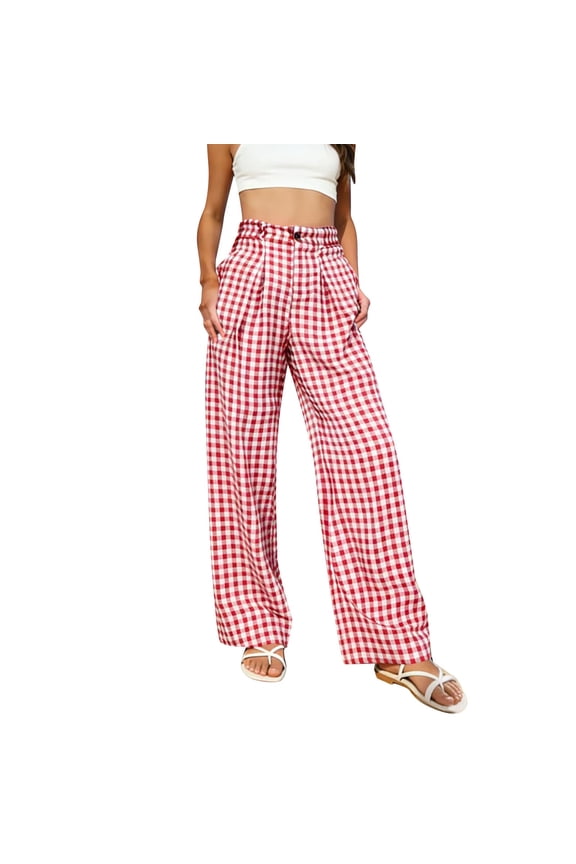 Women's Casual Plaid Wide Leg Pants Elastic Waist High Waisted Loose Fit 100% Polyester Plus Size S-2XL Trousers, Vintage Check Long Bottoms for Women
