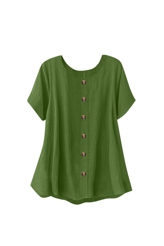 Women's Casual Short Sleeve Top, Solid Black Round Neck Shirt with Decorative Buttons, Pre-Shrunk Crepe Loose Fit Blouse, 100% Polyester Wrinkle Resistant Tops for Women S-2XL