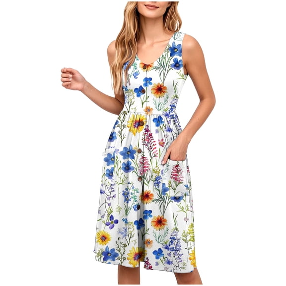 Tnhcen Women's Casual Sleeveless V Neck Floral Print Loose Fit Dress, Floral Print Loose Fit Knee Length Dress, Plus Size S-2XL Breathable Summer Dress