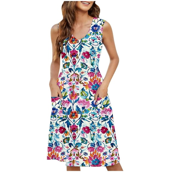 Tnhcen Women's Casual Sleeveless V - Neck Floral Print Loose Fit Plus Size Dress S - 2XL with Pockets Cotton - Like Touch Dress