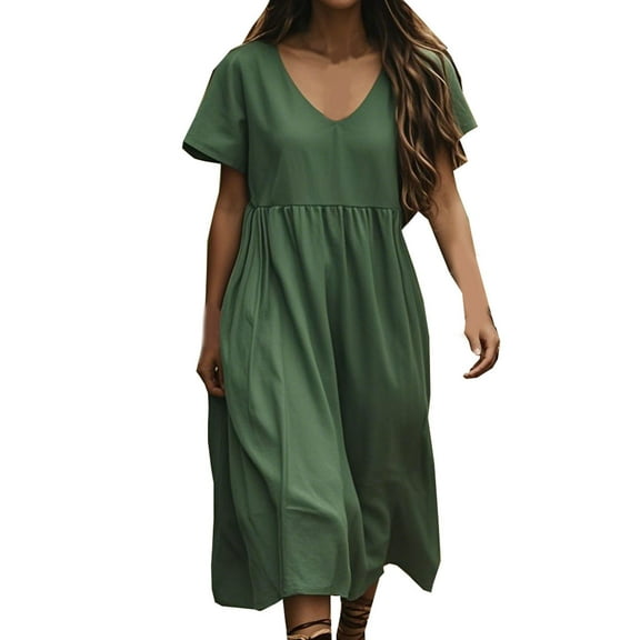 Tnhcen Women's Casual Solid Color Cotton Linen Blend Short Sleeve V-Neck Loose Maxi Dress, Plus Size S - 2XL Pre - Shrunk Lightweight Loose Fit Daily Wear Dress