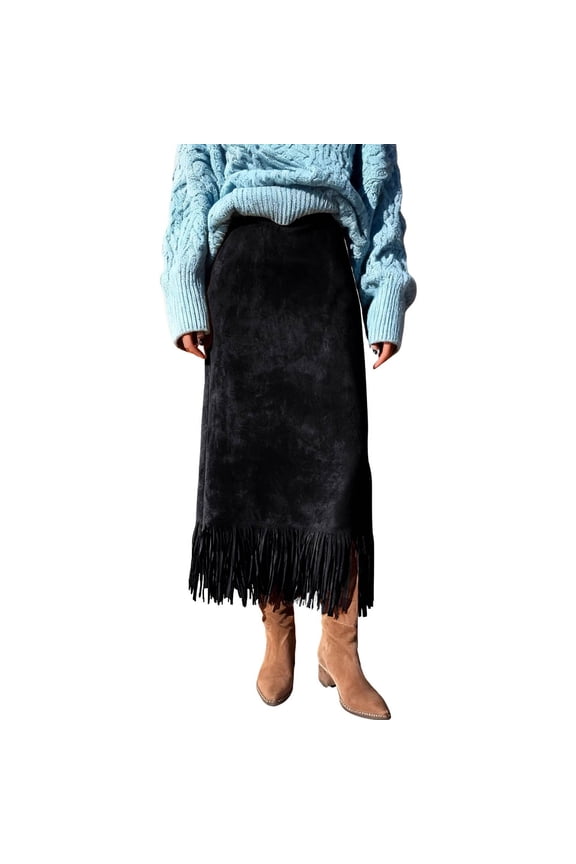 Women's Casual Solid Color Fringe Hem Skirt Suede High Waist Midi Skirt Plus Size S-2XL Loose Fit Flowy Skirt Fall Winter Casual Outfit Women's Trendy Daily Skirt