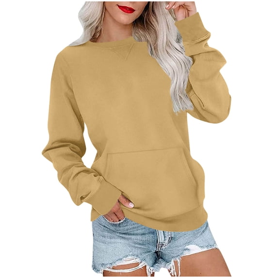 Tnhcen Women's Casual Solid Color Loose Fit Round Neck Long Sleeve Pocket Sweatshirt Fall Basic Style Polyester Comfortable Stylish S-2XL