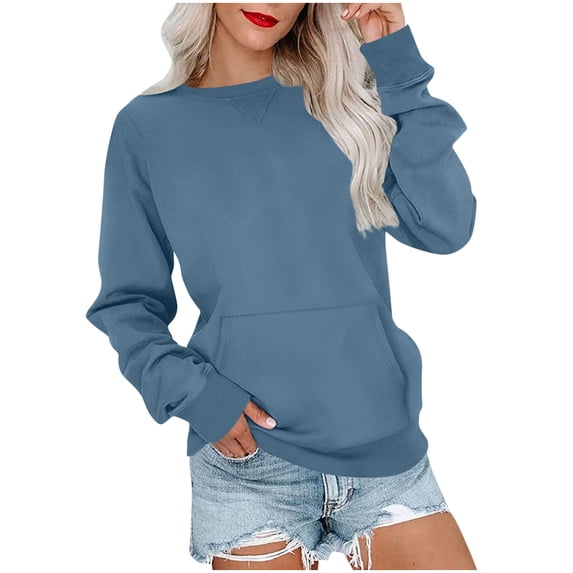 Tnhcen Women's Casual Solid Color Loose Fit Round Neck Long Sleeve Pocket Sweatshirt Fall Basic Style Polyester Comfortable Stylish S-2XL