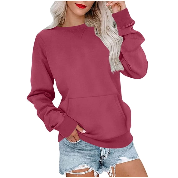 Tnhcen Women's Casual Solid Color Loose Fit Round Neck Long Sleeve Pocket Sweatshirt Fall Basic Style Polyester Comfortable Stylish S-2XL