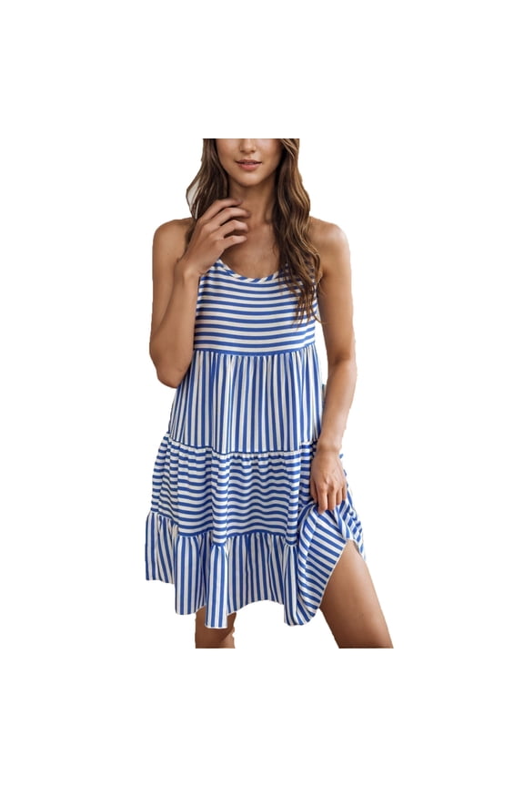 Women's Casual Strapless Spaghetti Strap Striped Dress Blue White Tiered Layered Loose Fit Midi Dress with Side Slit Stretchy Fabric Summer Casual Women's Dress S - 2XL