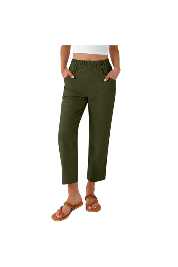 Women's Casual Wide Leg Cropped Pants with Pockets, Mock Linen Elastic Waist 9-Inch Ankle Pants, Loose Fit Palazzo Lounge Pants for Women S-2XL