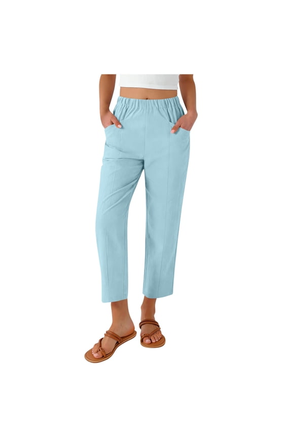 Women's Casual Wide Leg Cropped Pants with Pockets, Mock Linen Elastic Waist 9-Inch Ankle Pants, Loose Fit Palazzo Lounge Pants for Women S-2XL