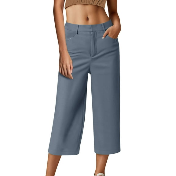 Tnhcen Women's Casual Wide Leg Dress Pants Loose Fit 7 Inch Cropped Twill Elastic Waist S-3XL Breathable Trousers for Office & Casual Wear