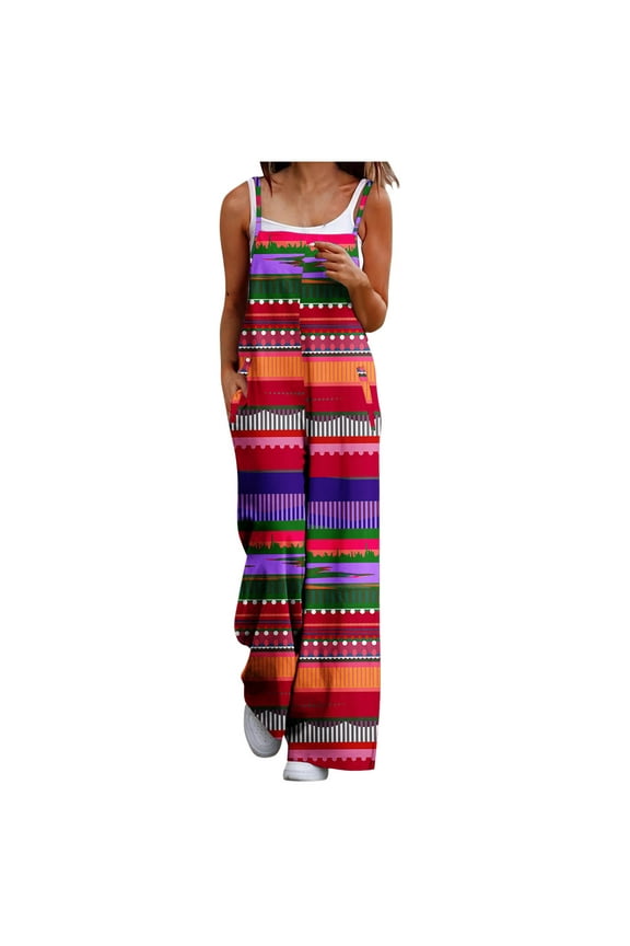 Women's Casual Wide Leg Jumpsuit with Pockets - Adjustable Strap Romper Printed Activewear Stretchy Soft Fabric (S-3XL)
