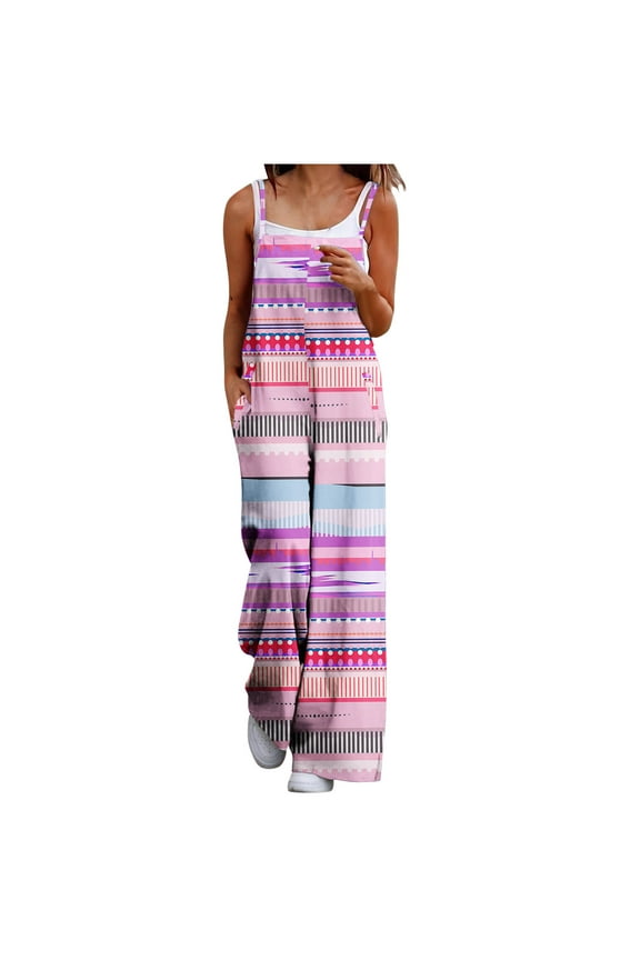 Women's Casual Wide Leg Jumpsuit with Pockets - Adjustable Strap Romper Printed Activewear Stretchy Soft Fabric (S-3XL)