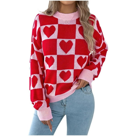Tnhcen Women's Checkered Heart Sweater Acrylic Knit Pullover Red Black Color Block Top Loose Fit Casual Wear Valentine's Day Romantic S-L