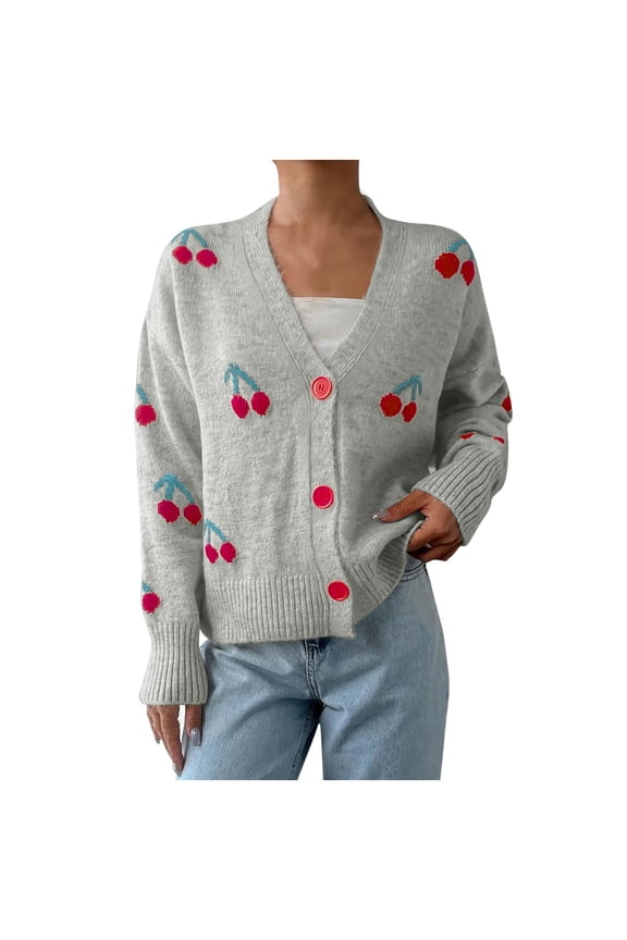 Women's Cherry Print Cardigan V-Neck Knit Sweater Acrylic Soft Long Sleeve Top Fall Fashion Button Up Sweater Cute Fruit Pattern Blouse Casual Comfort Wear S-XL