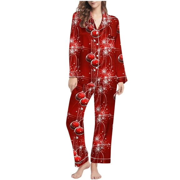 Tnhcen Women's Christmas 2-Piece Pajamas Set Long Sleeve V-Neck Top Pants Festive Print Nightwear Ideal Lounge Home Clothes S-2XL