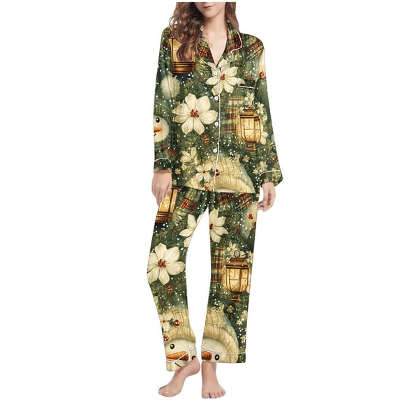 Tnhcen Women's Christmas 2-Piece Pajamas Set Long Sleeve V-Neck Top Pants Festive Print Nightwear Ideal Lounge Home Clothes S-2XL