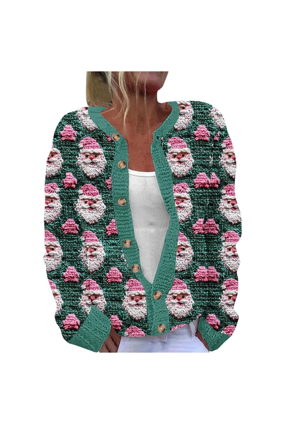 Women's Christmas Cardigan Long Sleeve Print Knit Top Button Front Plus Size Festive Knit Sweater Jacket Holiday Outfit Casual Open Front Cardigan for Women S-5XL