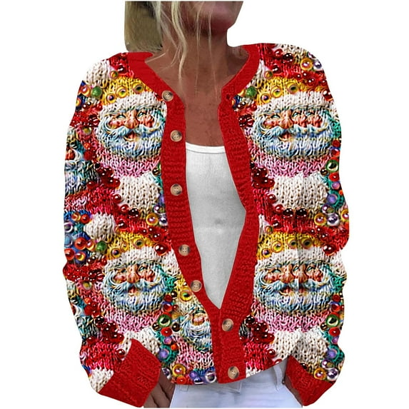 Tnhcen Women's Christmas Cardigan Long Sleeve Print Knit Top Button Front Plus Size Festive Knit Sweater Jacket Holiday Outfit Casual Open Front Cardigan for Women S-5XL