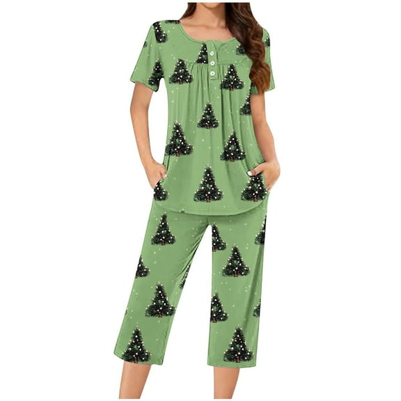 Tnhcen Women's Christmas Cartoon Print Short Sleeve Capri Pants 2-Piece Pajama Set Soft Cozy Sleepwear with Button Neck Comfortable Home Pajamas for Women