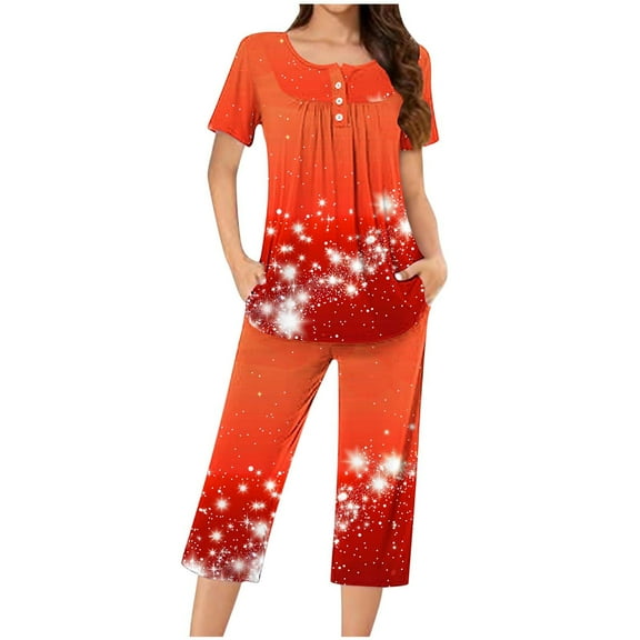 Tnhcen Women's Christmas Cartoon Print Short Sleeve Capri Pants 2-Piece Pajama Set Soft Cozy Sleepwear with Button Neck Comfortable Home Pajamas for Women