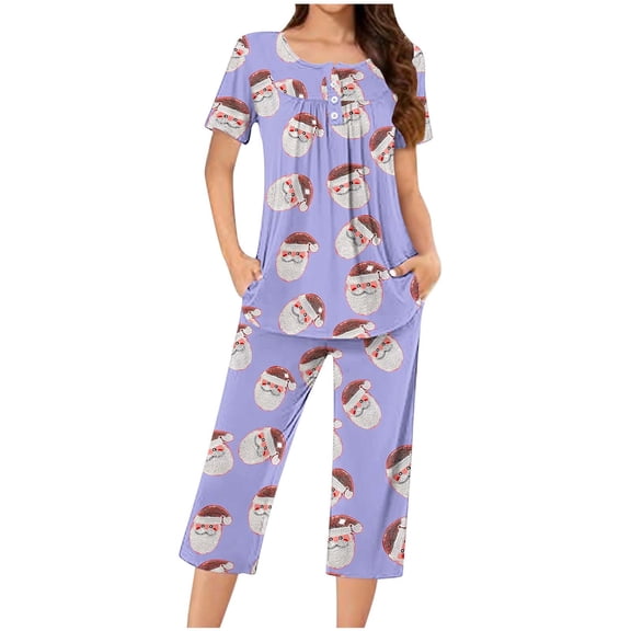 Tnhcen Women's Christmas Cartoon Print Short Sleeve Capri Pants 2-Piece Pajama Set Soft Cozy Sleepwear with Button Neck Comfortable Home Pajamas for Women