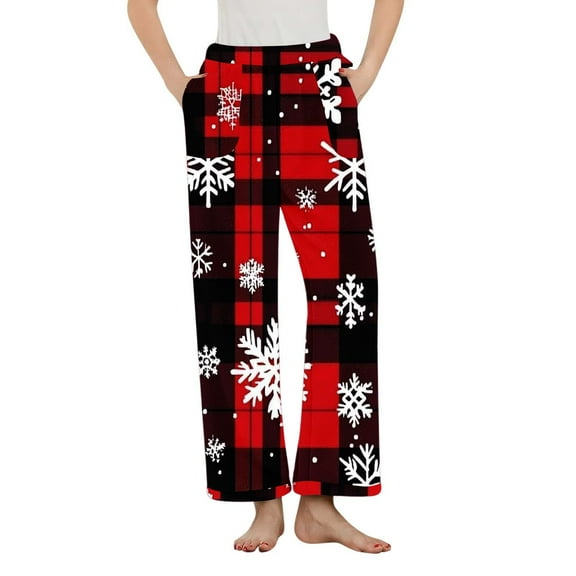 Tnhcen Women's Christmas Flannel Pajama Pants Fleece-Lined Thermal Sleepwear Holiday Plaid Lounge Pants with Pockets Soft Warm Winter Nightwear Elastic Waist S-3XL