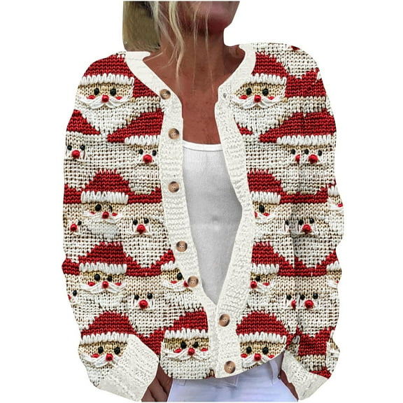 Tnhcen Women's Christmas Jacquard Cardigan Boho Embroidery Sweater Acrylic Knitwear Open Front Loose Fit Plus Size S-5XL Christmas Tree Pattern Button Up