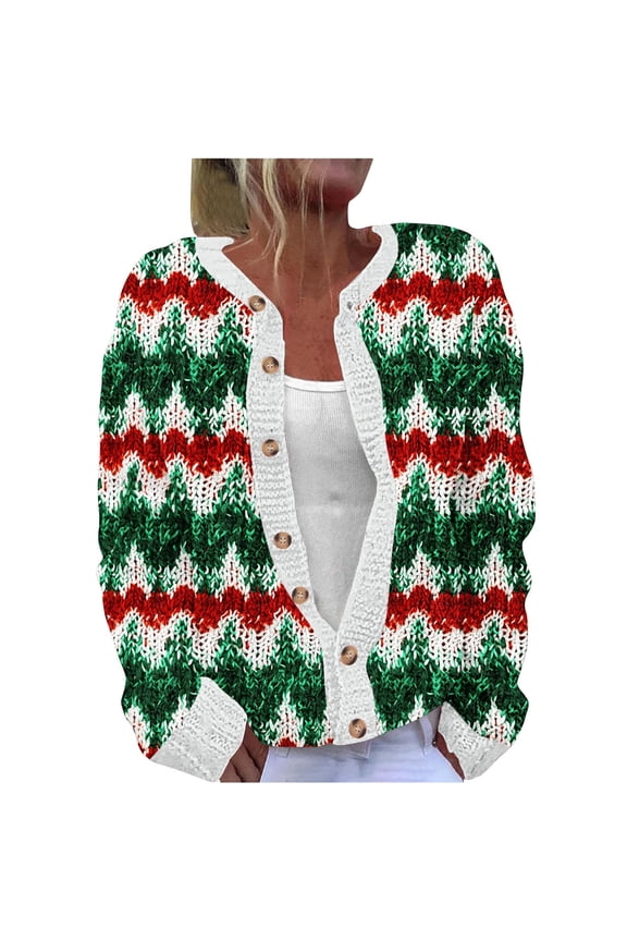 Women's Christmas Jacquard Cardigan Boho Embroidery Sweater Acrylic Knitwear Open Front Loose Fit Plus Size S-5XL Christmas Tree Pattern Button Up