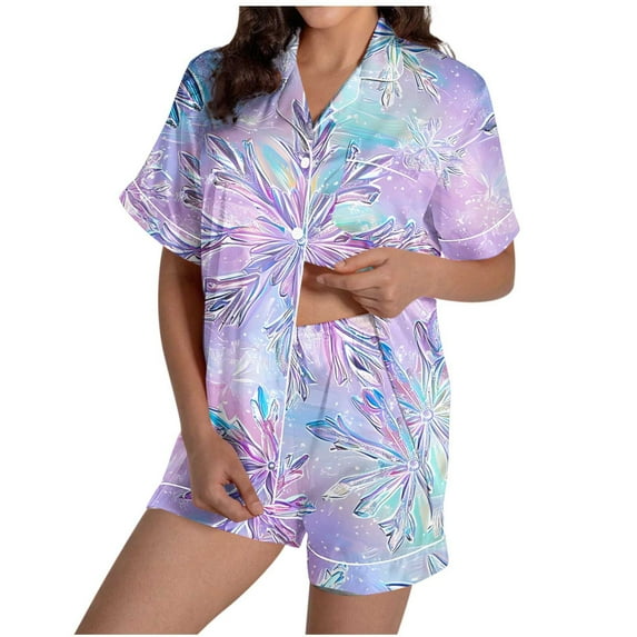 Tnhcen Women's Christmas Lights Print Pajama Set Short Sleeve Button-Down Top & Elastic Waist Shorts Holiday Sleepwear Loungewear Soft Sizes S-2XL