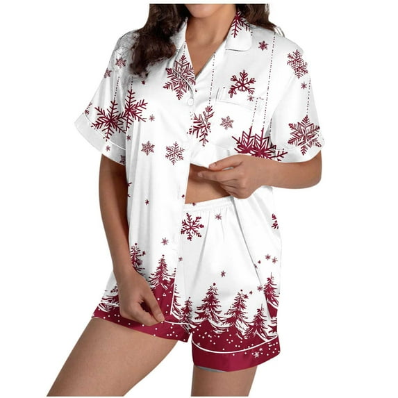 Tnhcen Women's Christmas Lights Print Pajama Set Short Sleeve Button-Down Top & Elastic Waist Shorts Holiday Sleepwear Loungewear Soft Sizes S-2XL