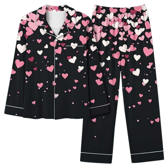 Tnhcen Valentine's Day Pajamas Women's 2-Piece Set, Heart Print Long Sleeve Button Front Top & Elastic Waist Sleep Pants with Pocket Plus Size S-2XL Holiday Sleepwear Gift