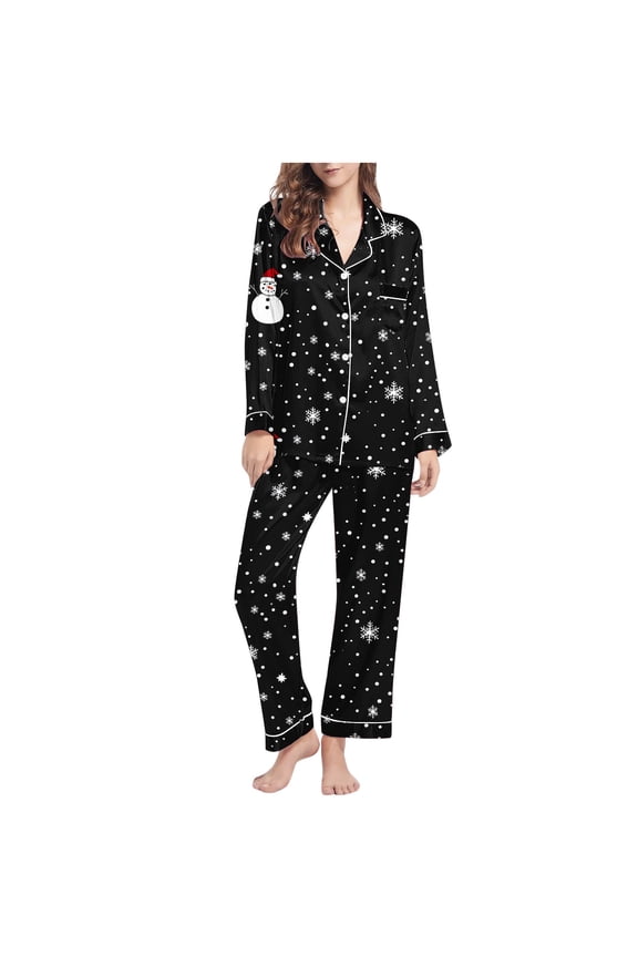 Women's Christmas Pajama Set 2-Piece Flannel Sleepwear Holiday Pajamas for Women Long Sleeve Button-Up Top Soft Festive Pajama Set Christmas Nightwear Sizes S-2XL