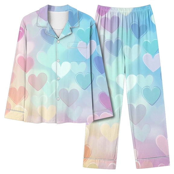 Tnhcen Valentine's Day Pajamas Women's 2-Piece Set, Heart Print Long Sleeve Button Front Top & Elastic Waist Sleep Pants with Pocket Plus Size S-2XL Holiday Sleepwear Gift
