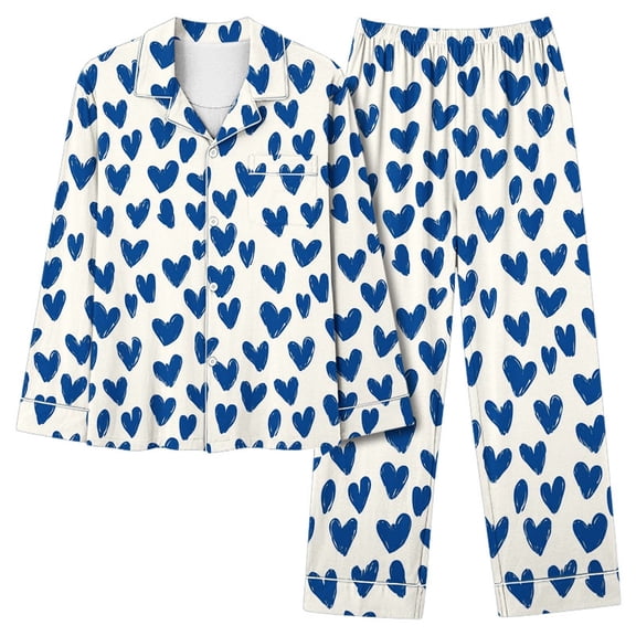 Tnhcen Valentine's Day Pajamas Women's 2-Piece Set, Heart Print Long Sleeve Button Front Top & Elastic Waist Sleep Pants with Pocket Plus Size S-2XL Holiday Sleepwear Gift