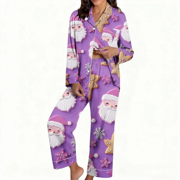 Tnhcen Women's Christmas Pajama Set 2-Piece Holiday Family Matching Pajamas Festive Flannel Sleepwear Long Sleeve Button-Up PJ Set Christmas Print Pajamas for Women S-3XL